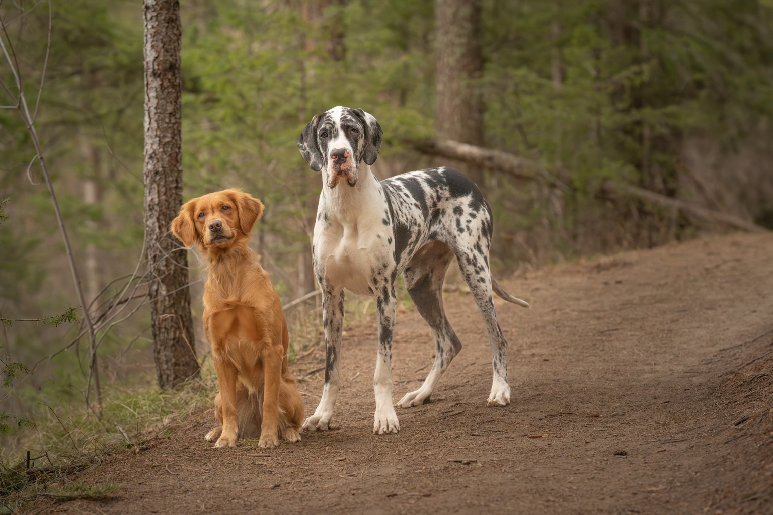 Willow the Golden Retriever and Summit the Great Dane in a Colorado forest